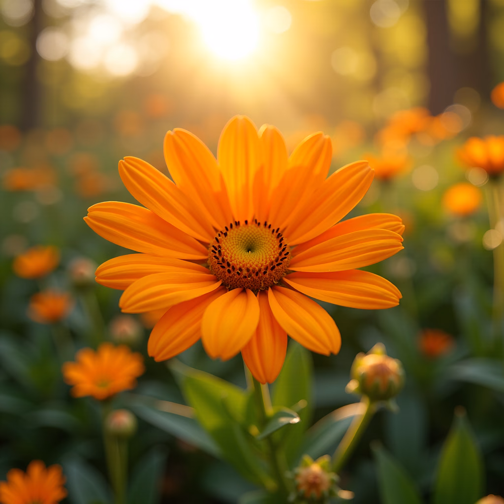 A stunning close-up of an orange daisy illuminated by the setting sun, capturing the essence of nature's splendor.