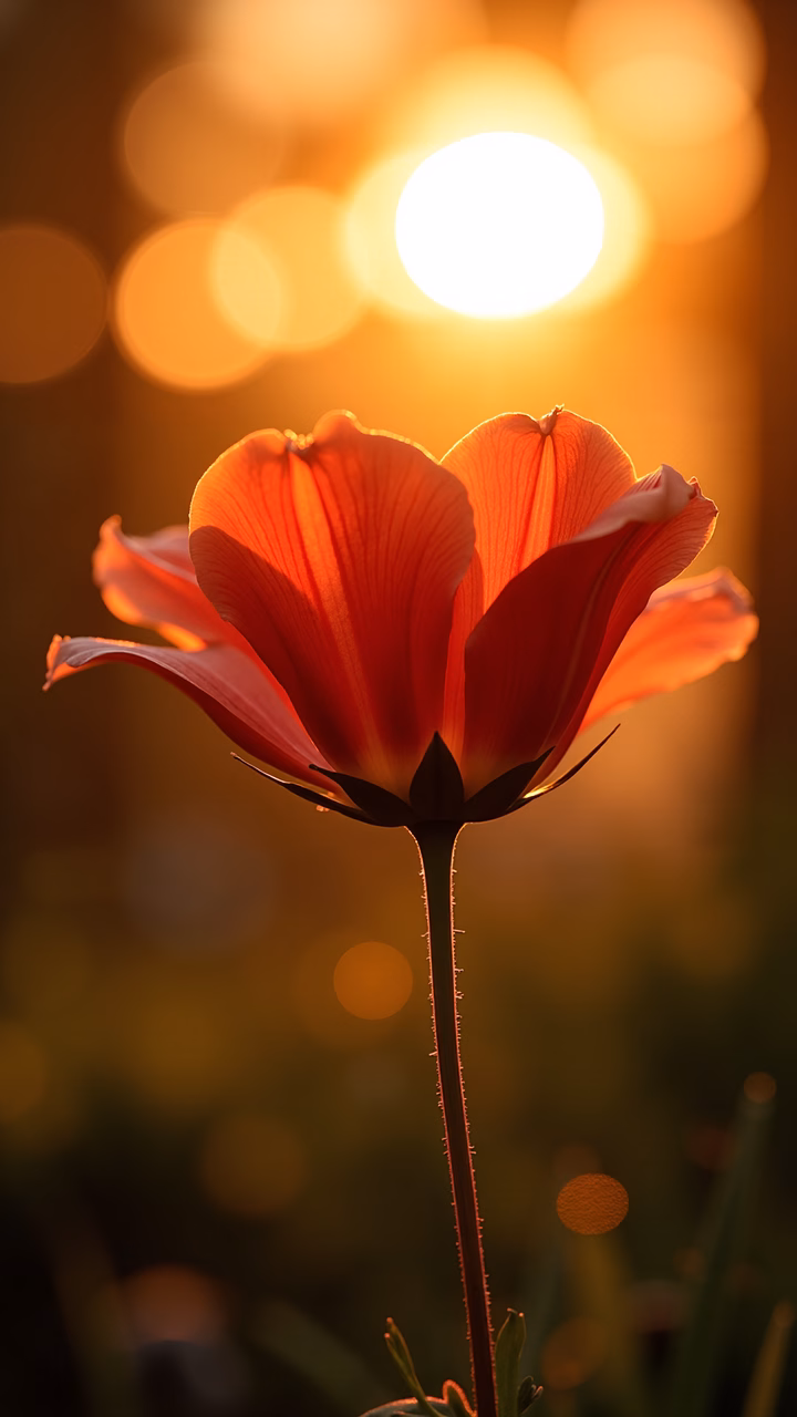 A tulip illuminated by the golden hues of a sunset.