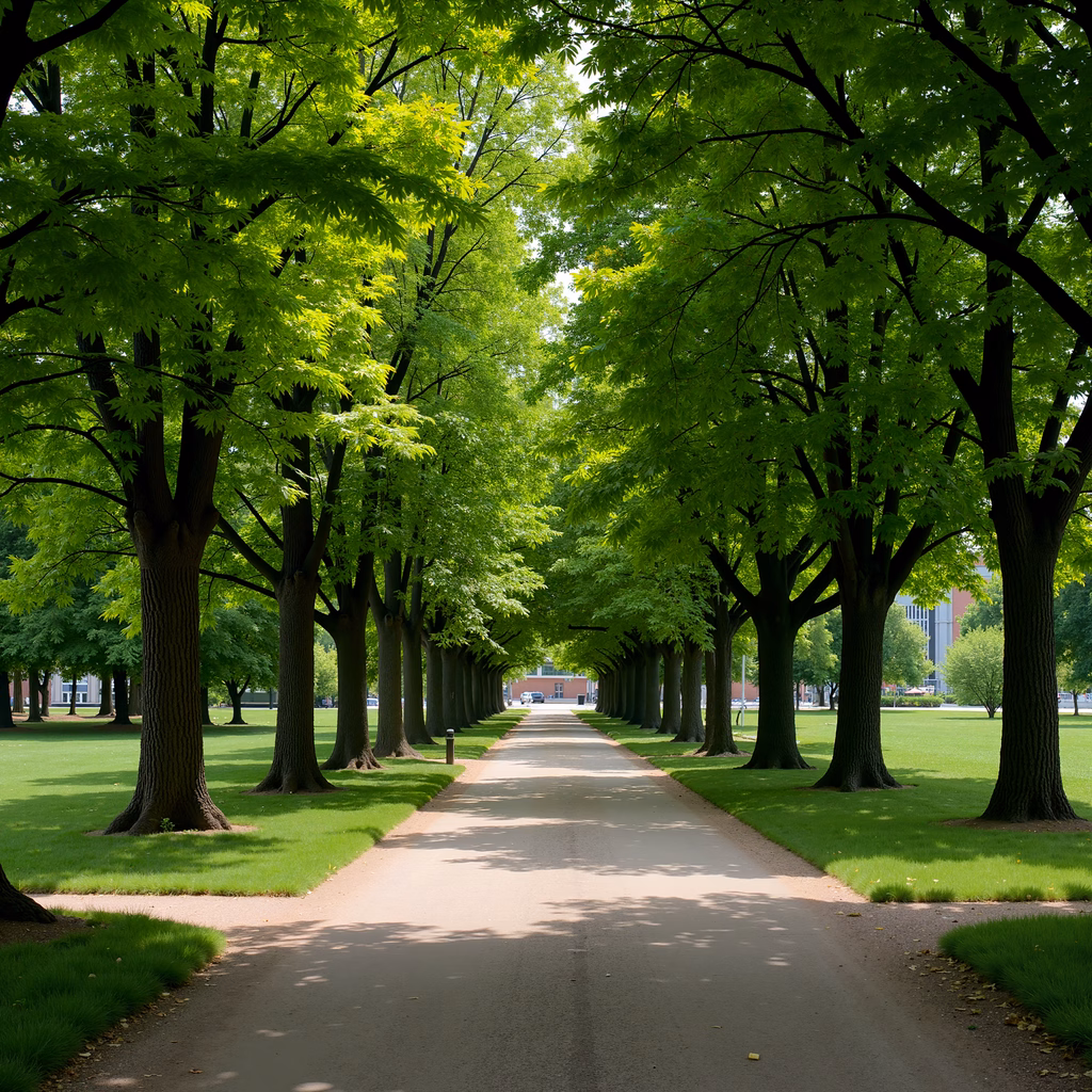 A peaceful tree-lined pathway under a sunlit canopy, perfect for a stroll.