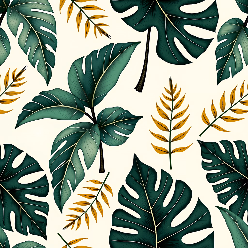 Detailed tropical leaf illustration with rich green and gold tones.