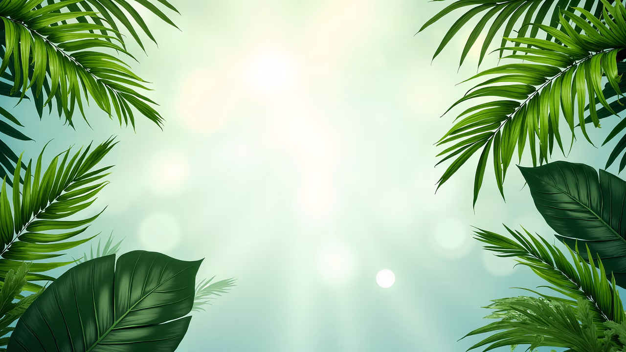 Vibrant tropical leaves on a serene blue-green background with bokeh lights.