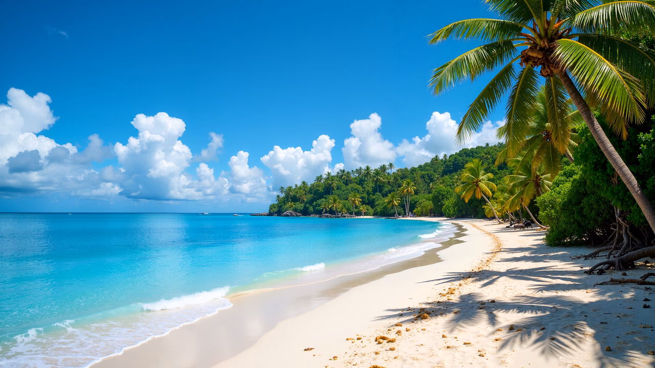 A breathtaking tropical beach with crystal-clear waters and lush palm trees under a bright blue sky.