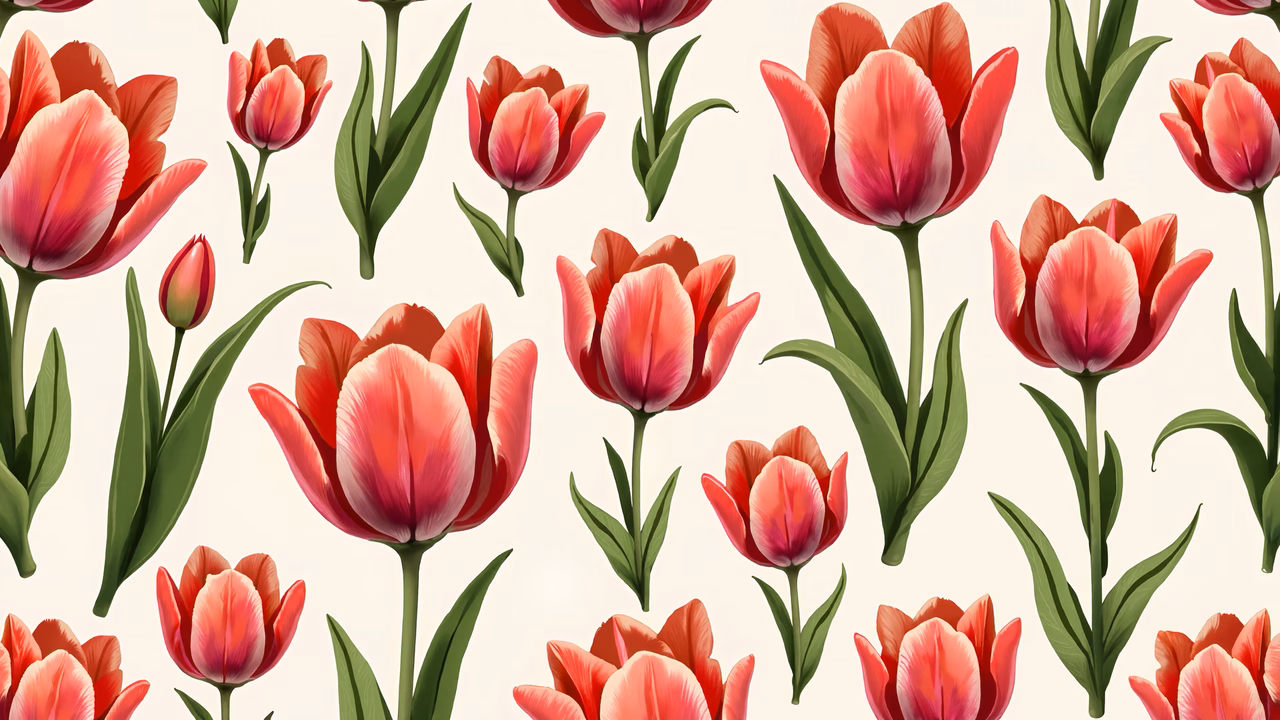 Vibrant tulip pattern on a beige background, perfect for floral designs.