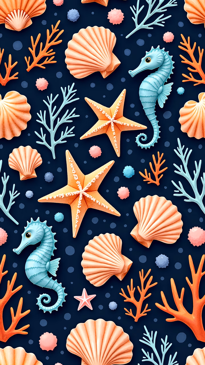 Vibrant underwater scene with seahorses, starfish, and coral in shades of orange, pink, and blue.