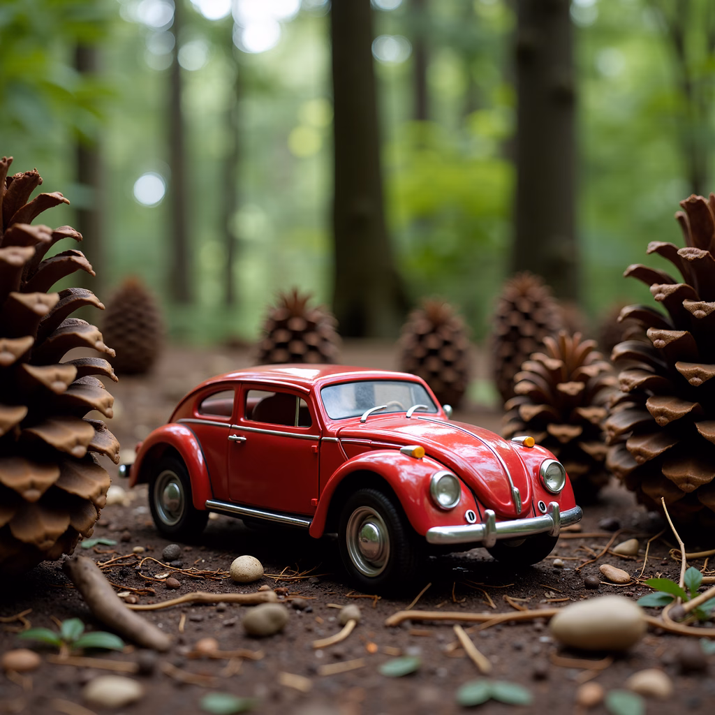 Vintage red Beetle in a serene forest setting, surrounded by pine cones and natural debris.
