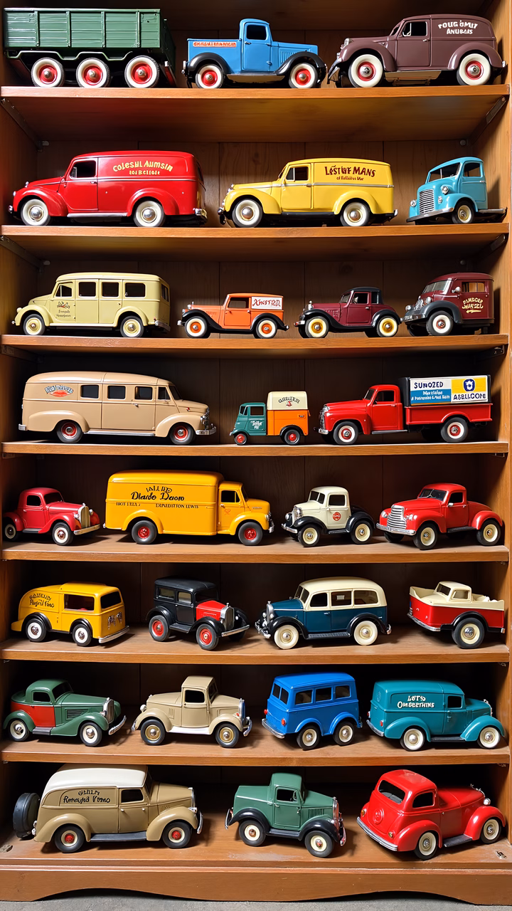 A collection of colorful vintage toy cars neatly arranged on wooden shelves.
