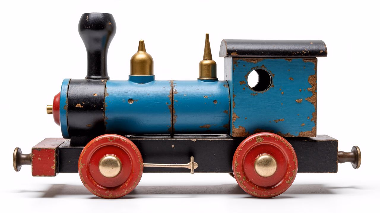 Vintage wooden toy train with worn, colorful details and nostalgic charm.