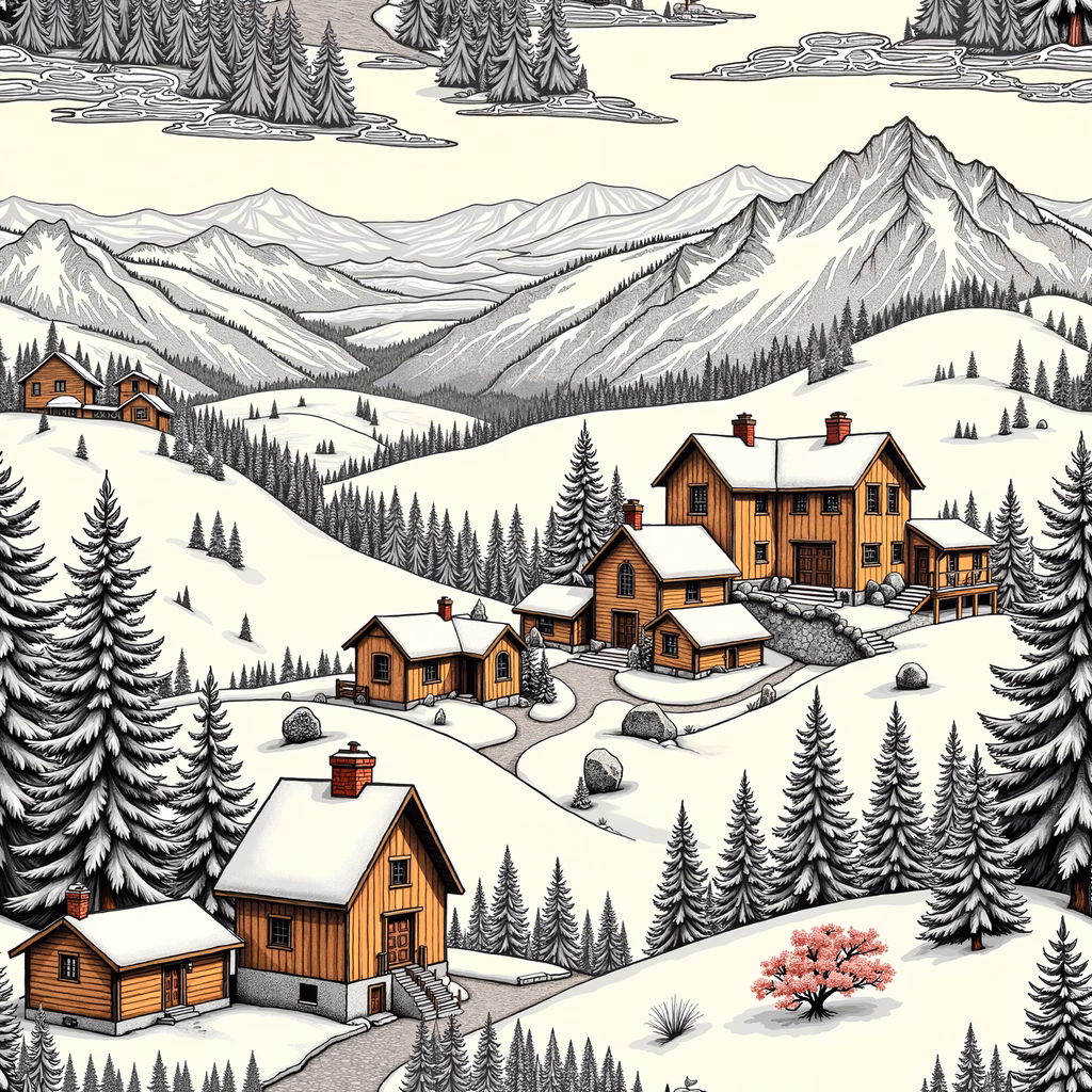 A picturesque winter village with snow-covered mountains and cozy wooden houses.