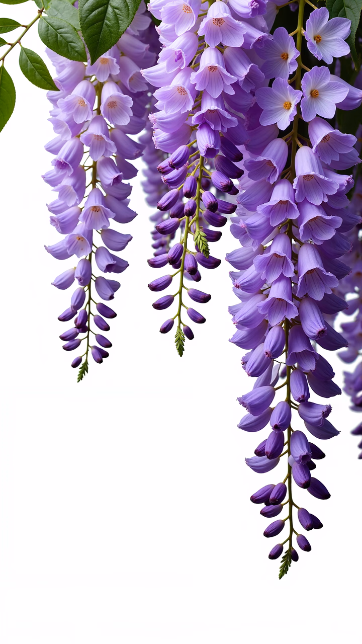 Vibrant purple wisteria blossoms against a white backdrop, capturing nature's delicate beauty.