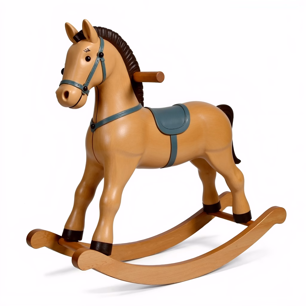 A beautifully crafted wooden rocking horse with a rustic charm and smooth rocking motion.