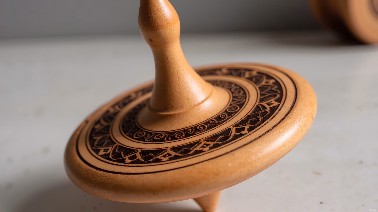 Close-up of a wooden spinning top with intricate geometric patterns.