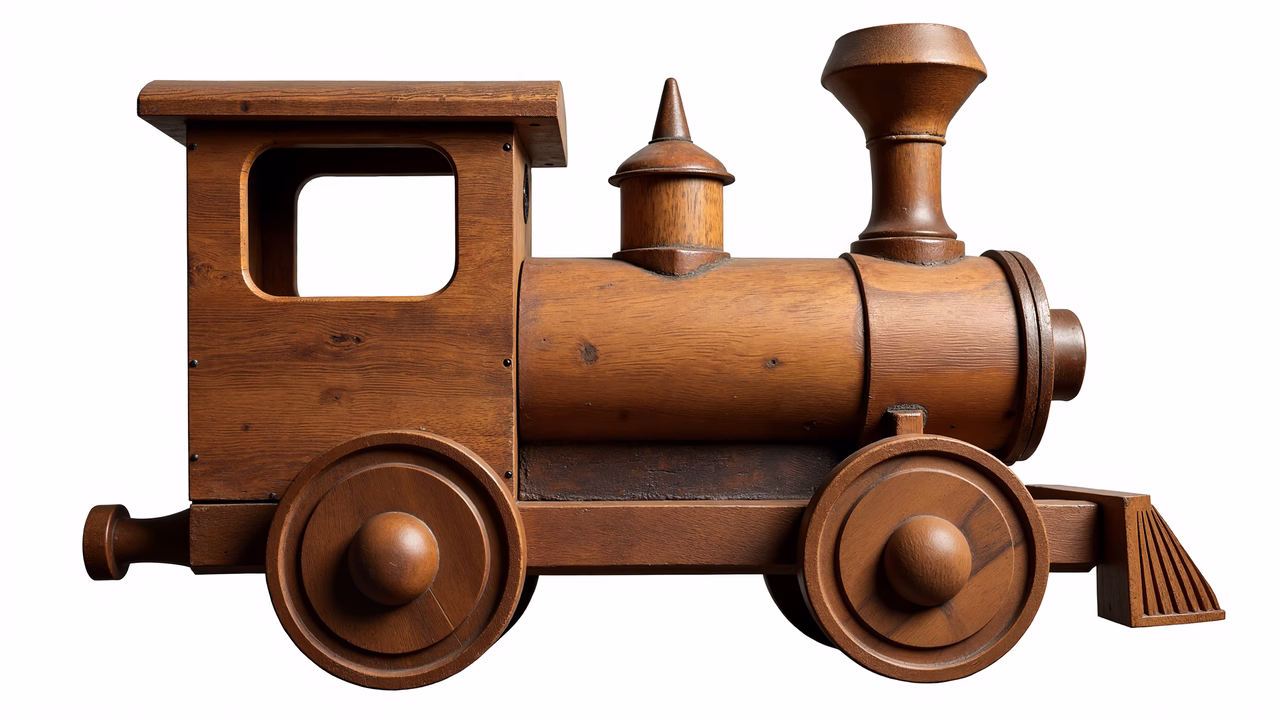 A rustic wooden train illustration with rich brown tones and detailed craftsmanship.