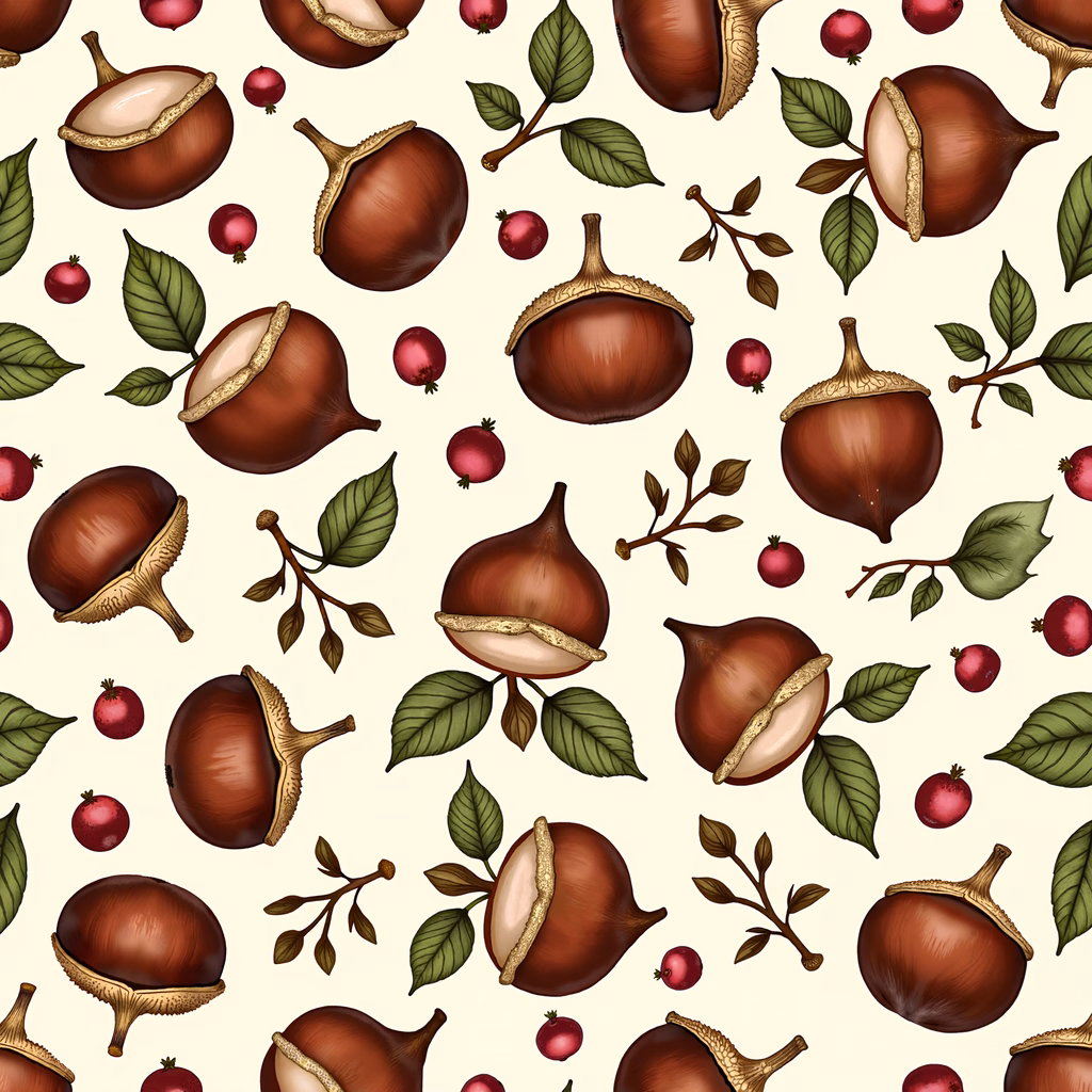 Detailed botanical illustration of acorns and berries on a beige background.