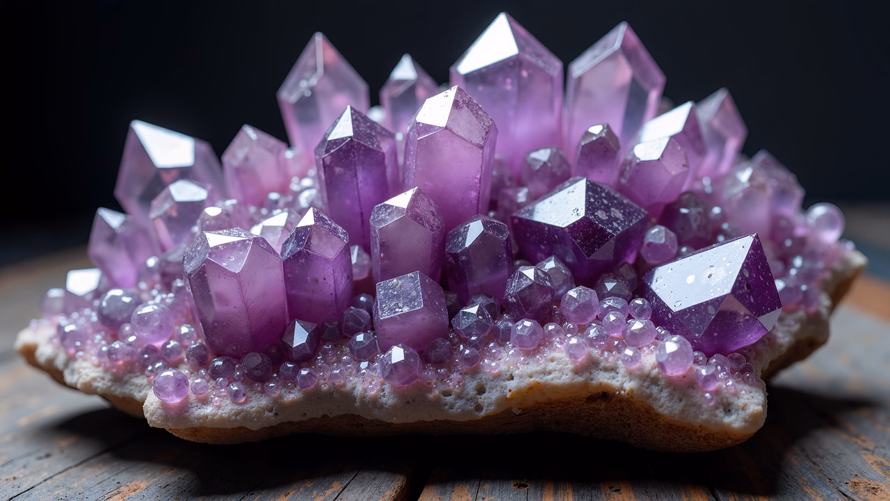 A close-up of a vibrant amethyst crystal cluster on a light beige base, showcasing its natural beauty and intricate details.