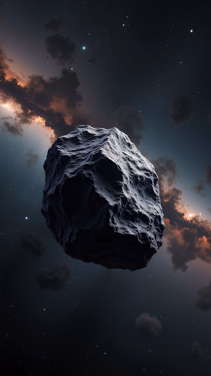 Asteroid floating amidst a dramatic sky with clouds and stars, evoking a sense of wonder and mystery.
