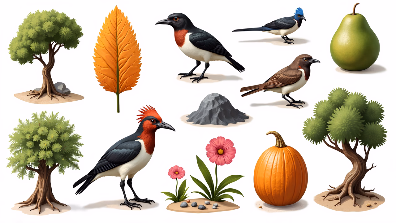 Autumnal illustrations of nature with warm colors and detailed textures.