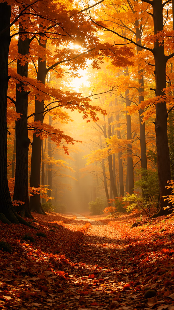 A peaceful autumn pathway surrounded by colorful foliage and bathed in natural light.