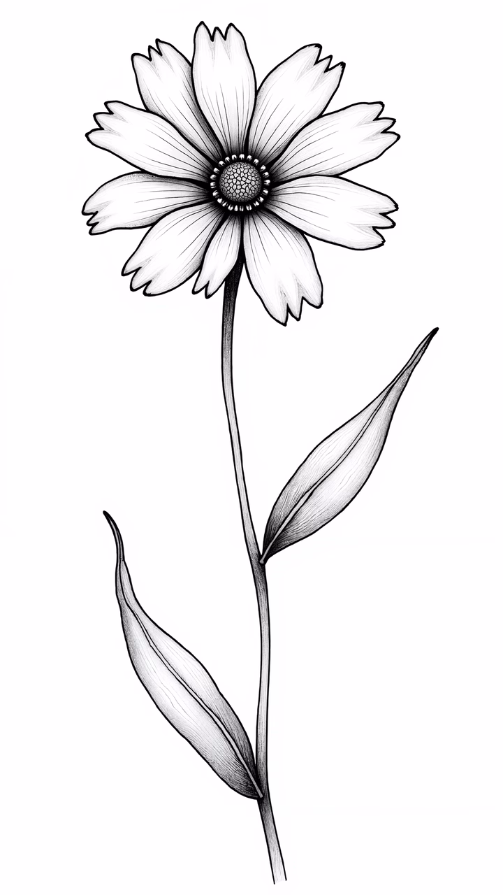 Detailed black and white floral illustration with delicate petals and textured leaves.