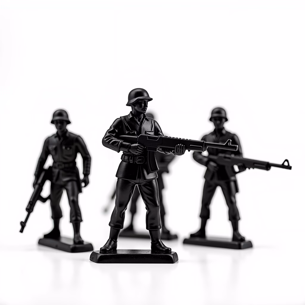 Black toy soldiers in a formation, ready for action.