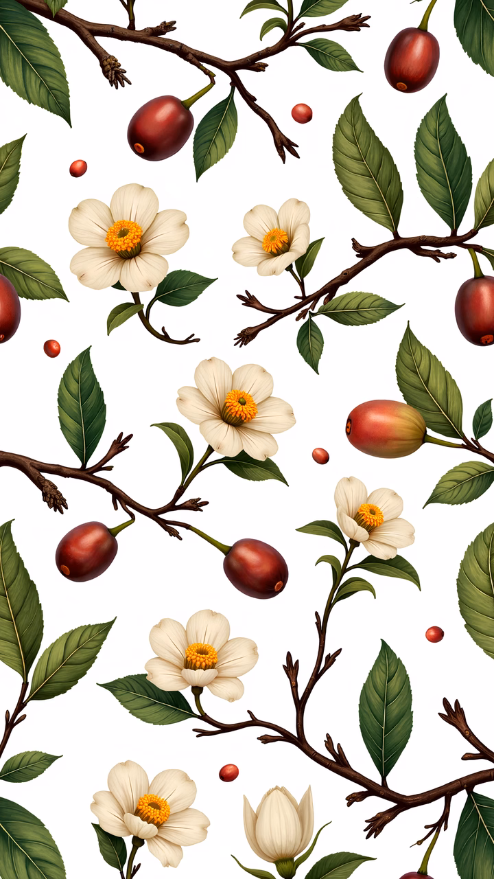 Detailed botanical illustration with white flowers and green leaves.