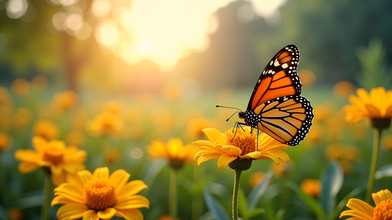 Monarch butterfly on yellow flower, bathed in warm sunlight, nature photography.