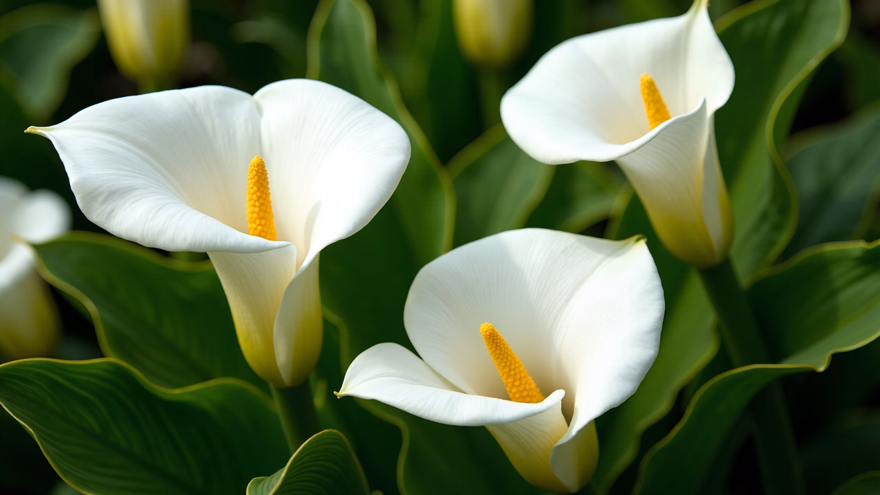 Close-up of calla lilies in full bloom, showcasing their delicate beauty and vibrant colors.