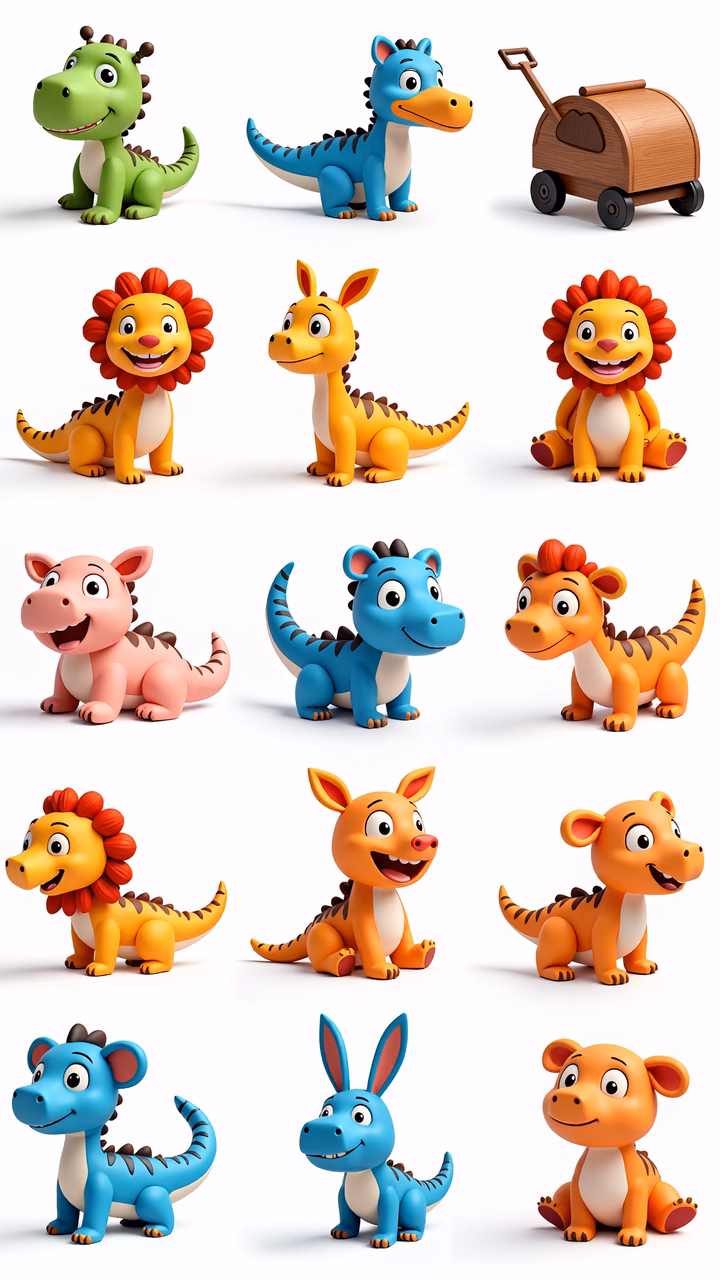 Brightly colored cartoon dinosaurs in a playful arrangement.