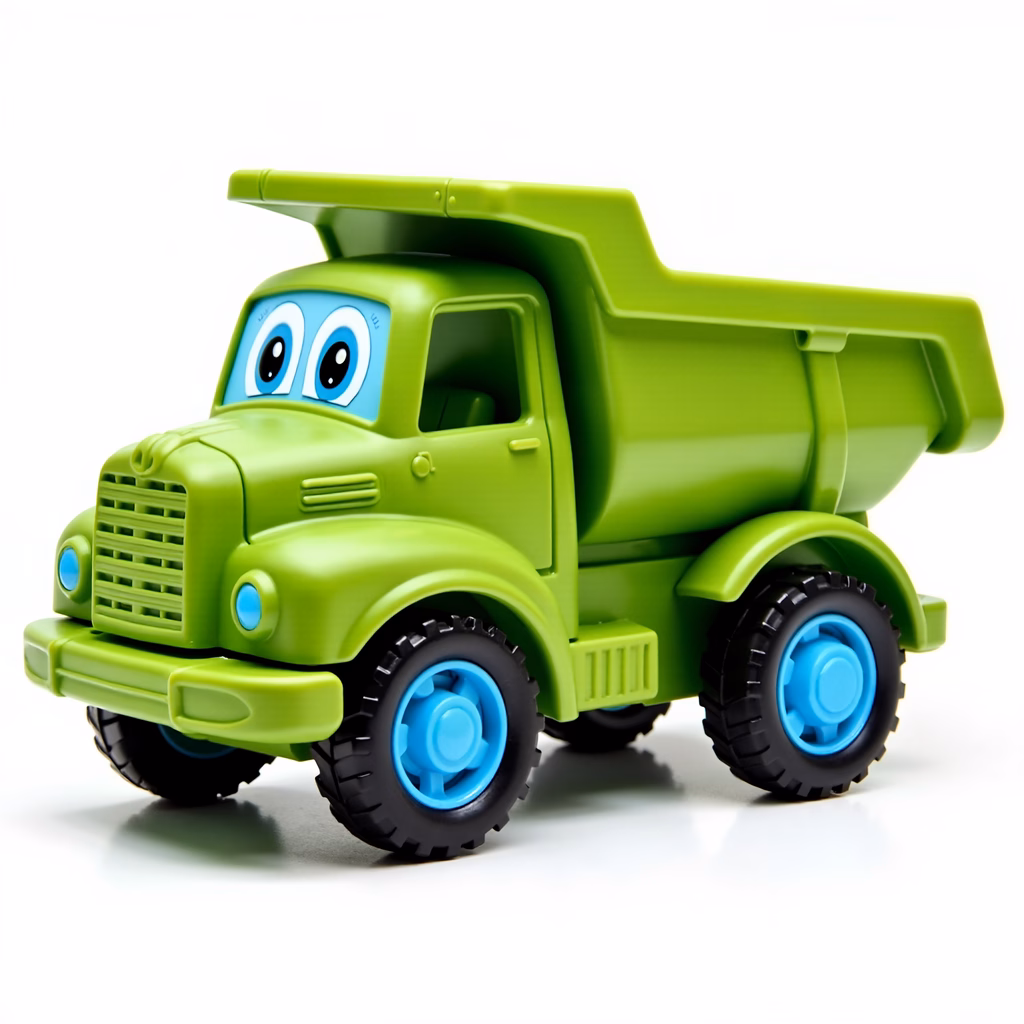 Bright green cartoon dump truck with big eyes and blue rims, perfect for kids!