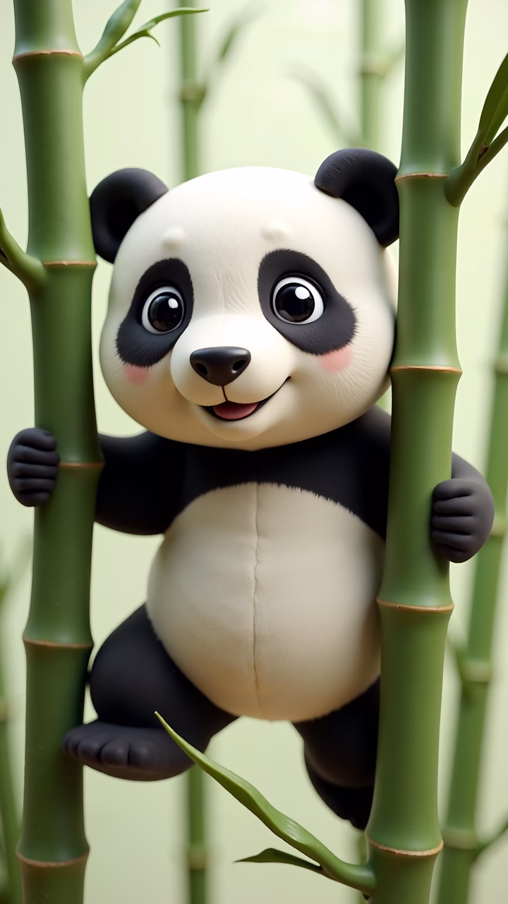 A cute cartoon panda climbing bamboo stalks, perfect for children's art.