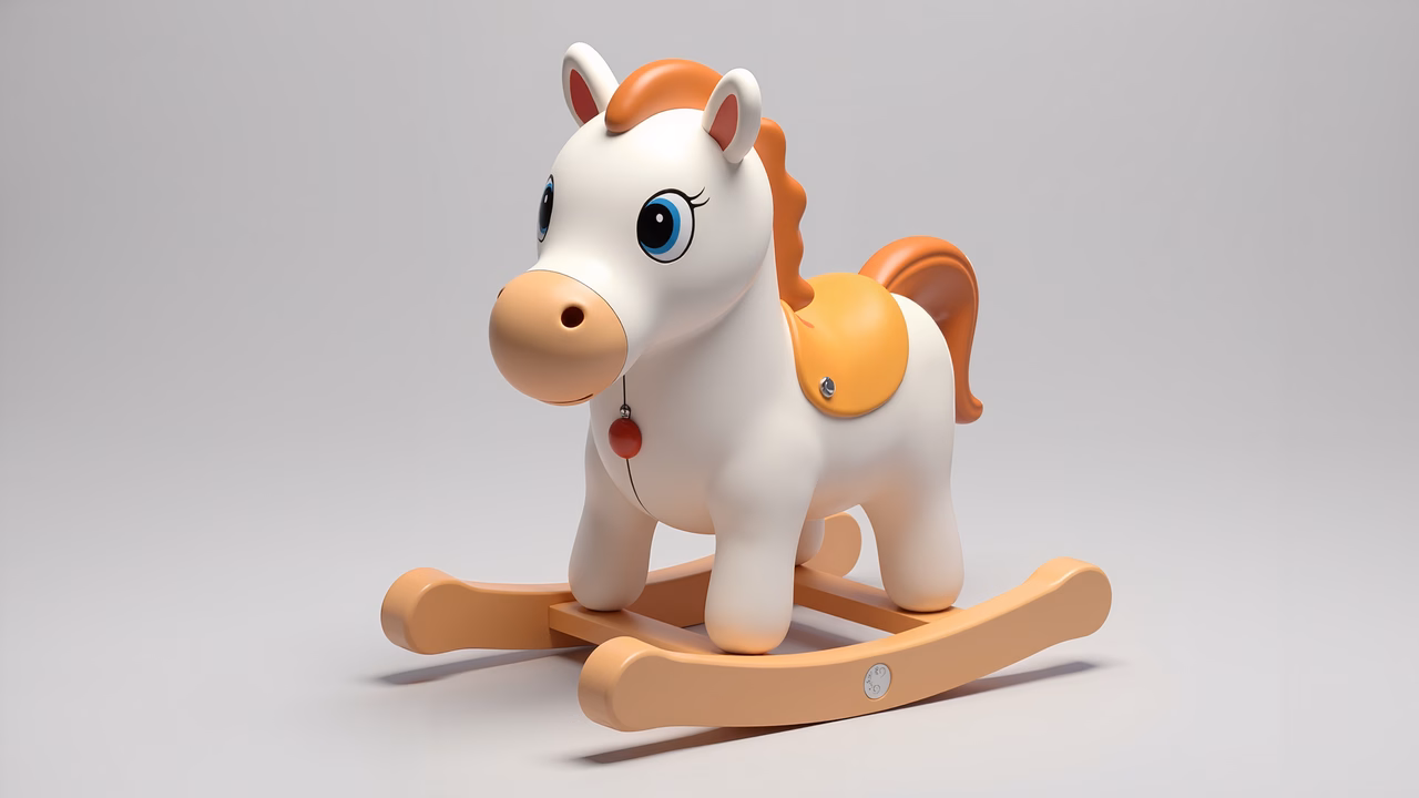 A cute, cartoon-style rocking horse with bright colors and friendly features.