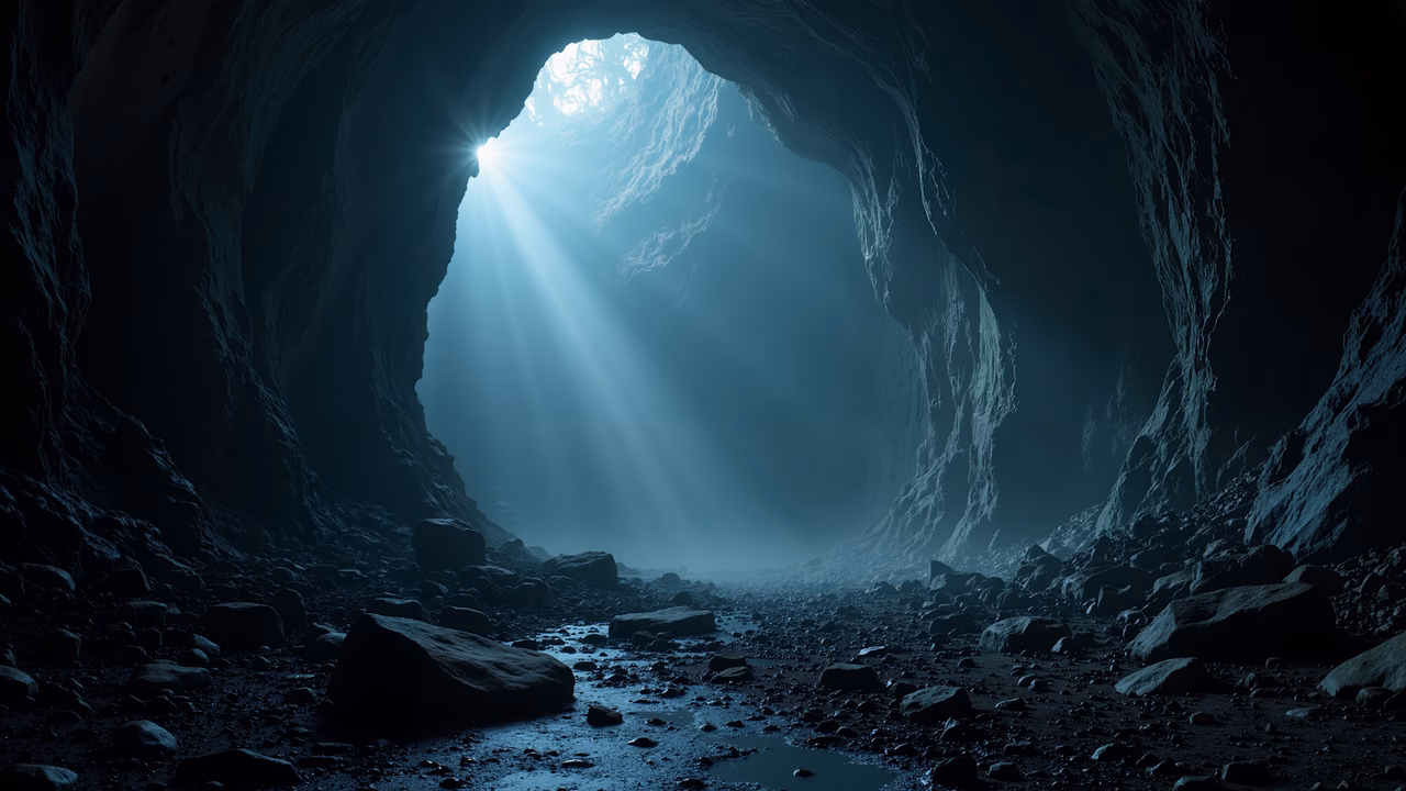 Mystical cave entrance illuminated by natural light, serene blue tones, rugged stone textures.