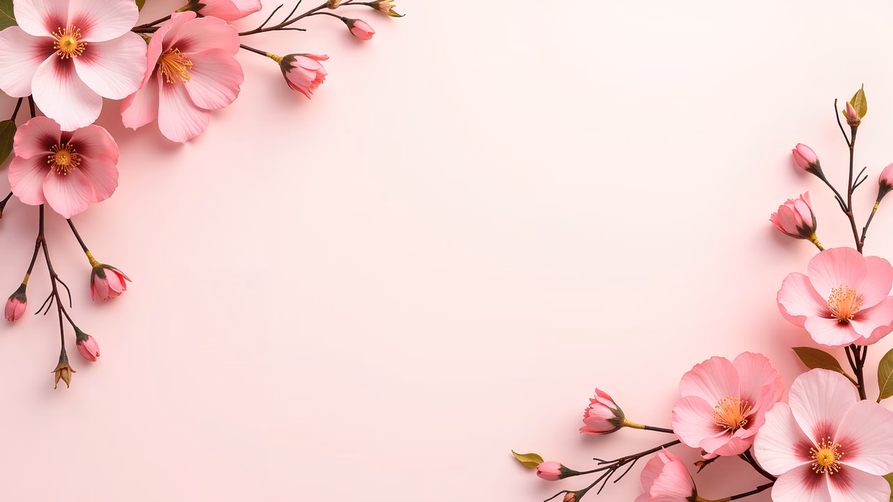 Delicate cherry blossom border on soft pink background