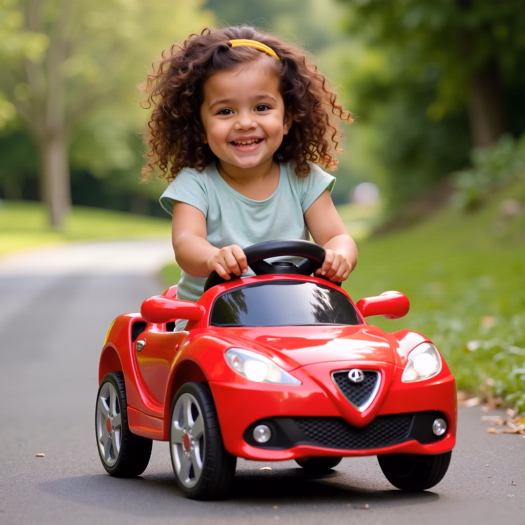 A child driving a red toy car on a sunny day, capturing innocence and joy.