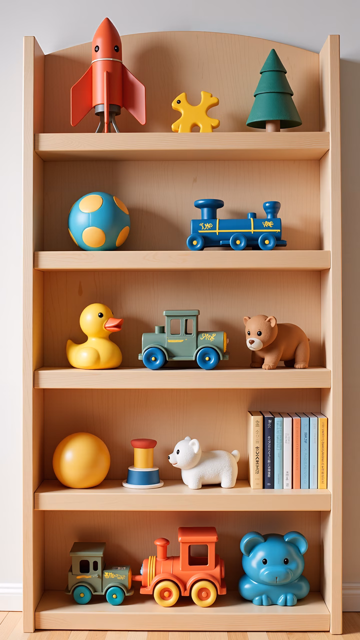 Brightly colored children's toys displayed on wooden shelves, creating a joyful and playful environment.