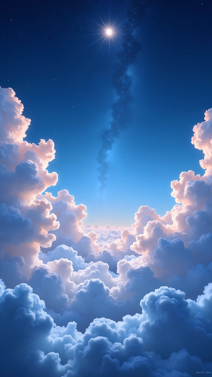 Pastel clouds under a glowing star, evoking peace and wonder.