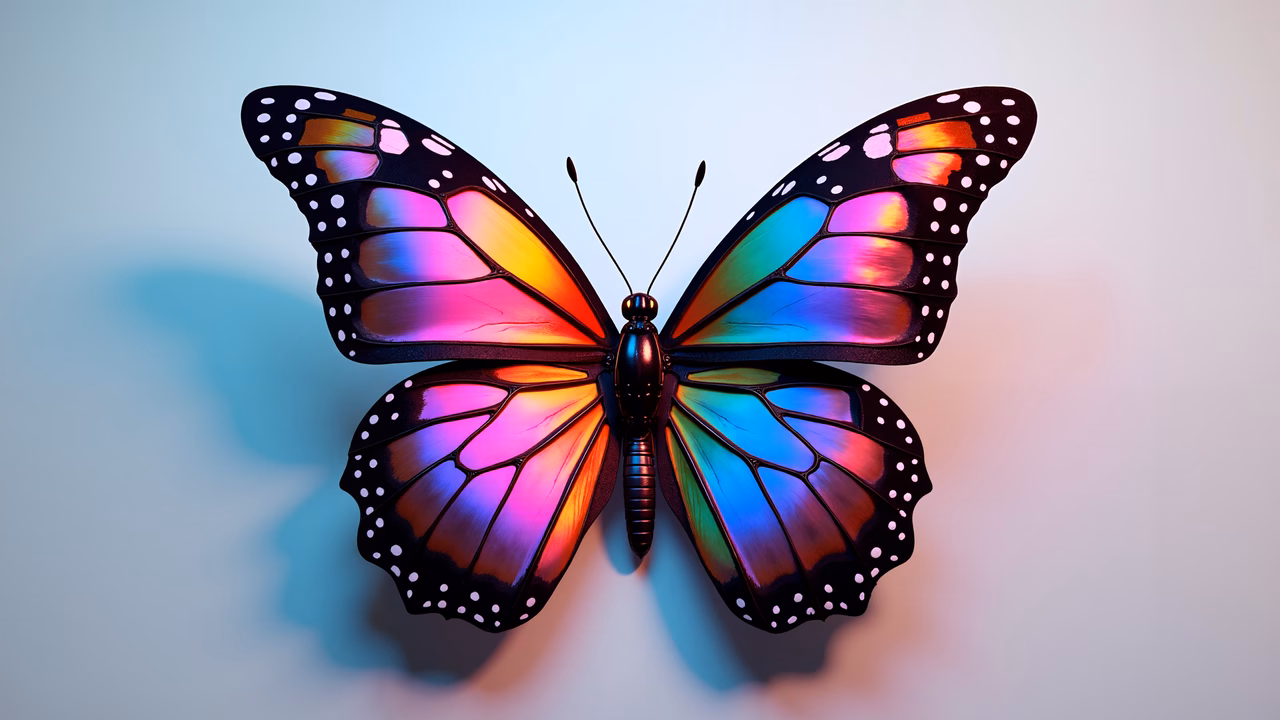 A colorful butterfly illustration with a spectrum of hues and intricate patterns against a soft gradient background.