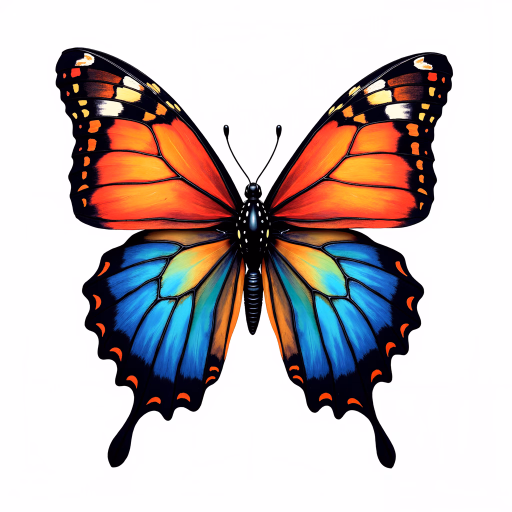 Vibrant butterfly illustration with detailed wing patterns and rich colors.