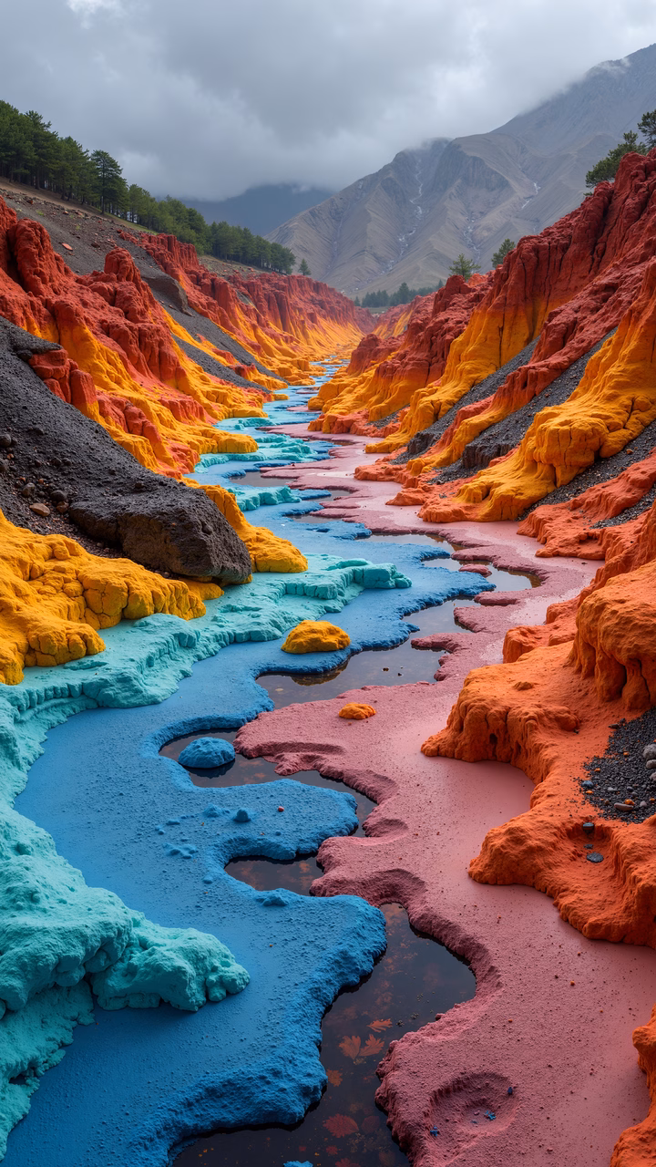 Vibrant canyon with colorful cliffs and a reflective river under an overcast sky.