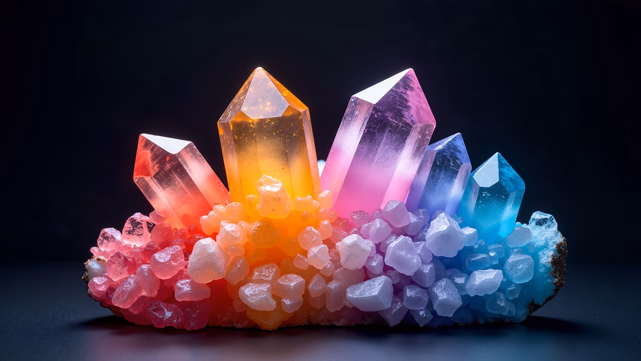 A stunning cluster of multicolored crystals glowing against a dark backdrop.