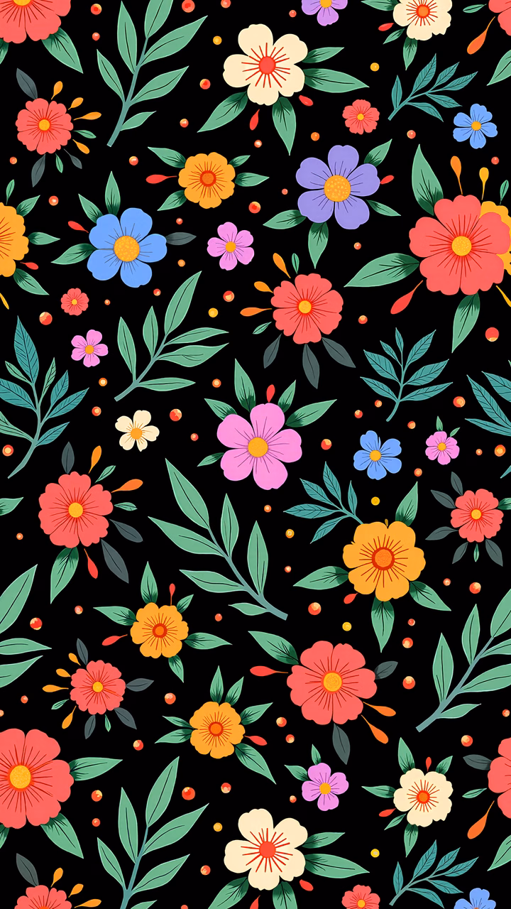Bright floral pattern on a black background, celebrating life and vibrancy.