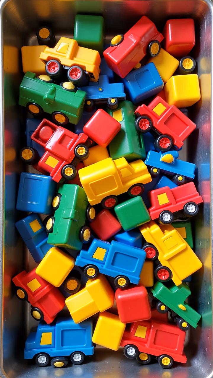 Brightly colored toy trucks in a metallic container, perfect for children's play.
