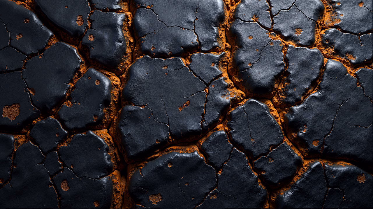 Rugged cracked earth in deep black and fiery orange tones.