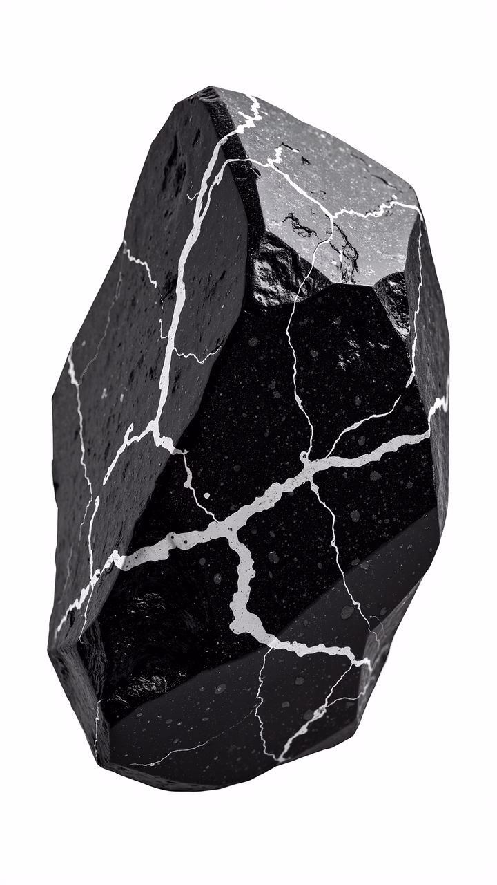 A striking black and white illustration of a cracked rock, highlighting its rugged texture and natural beauty.