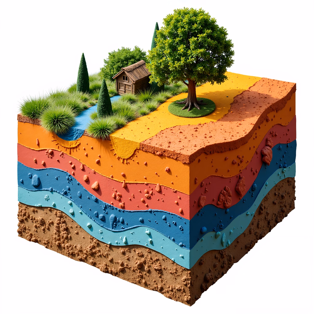 Cross-section of earth with colorful layers and a cabin