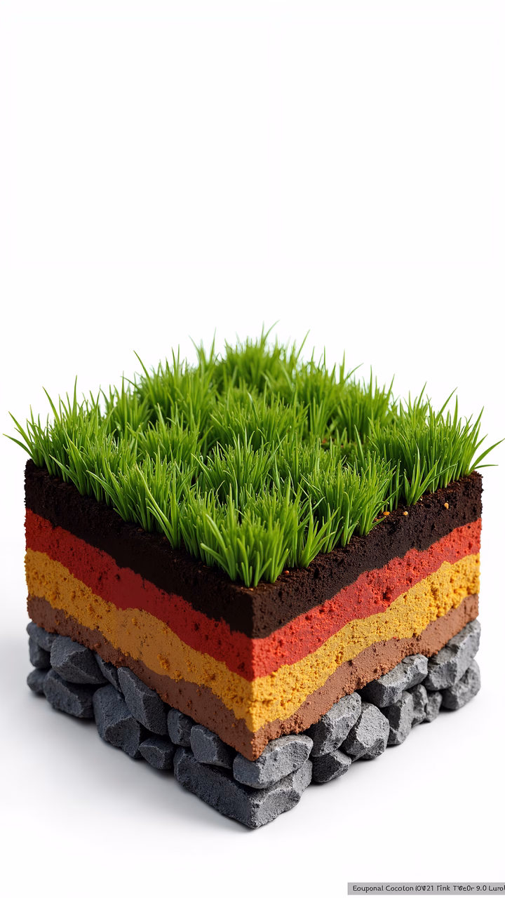 Cross-section of colorful soil layers with vibrant grass on top.