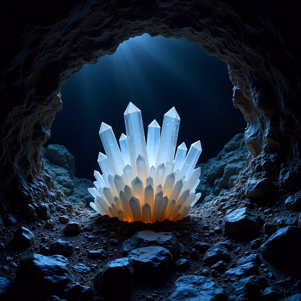 Mystical crystal cave illuminated by natural light, evoking serenity and enchantment.