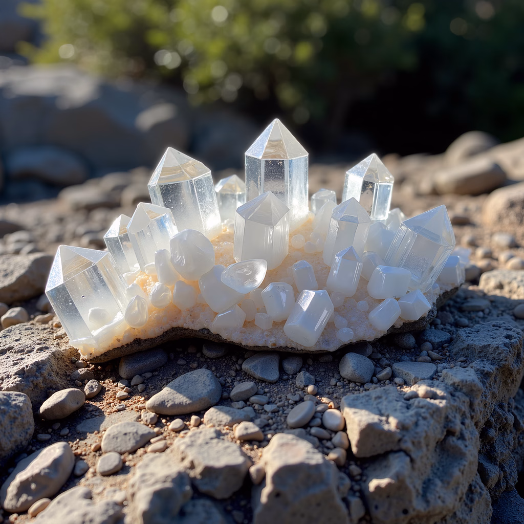 A stunning crystal cluster in a natural setting, showcasing the beauty of quartz.