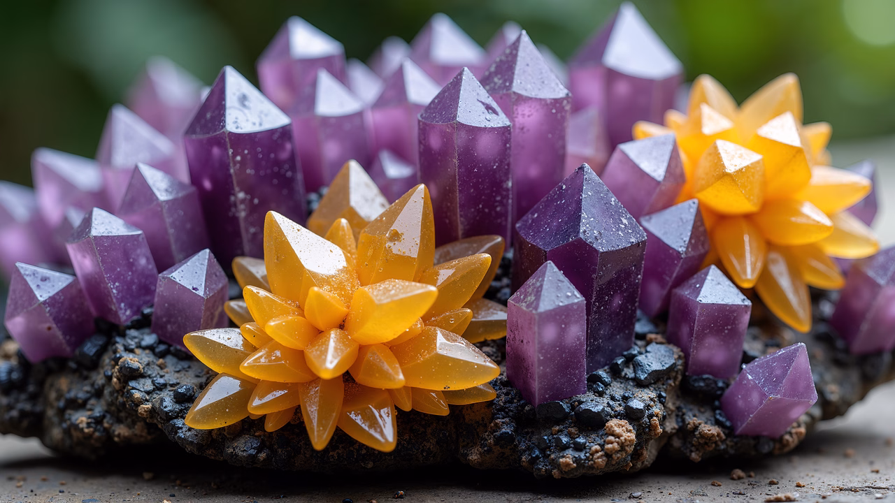 Vibrant crystal garden with purple and yellow hues on a dark ground.