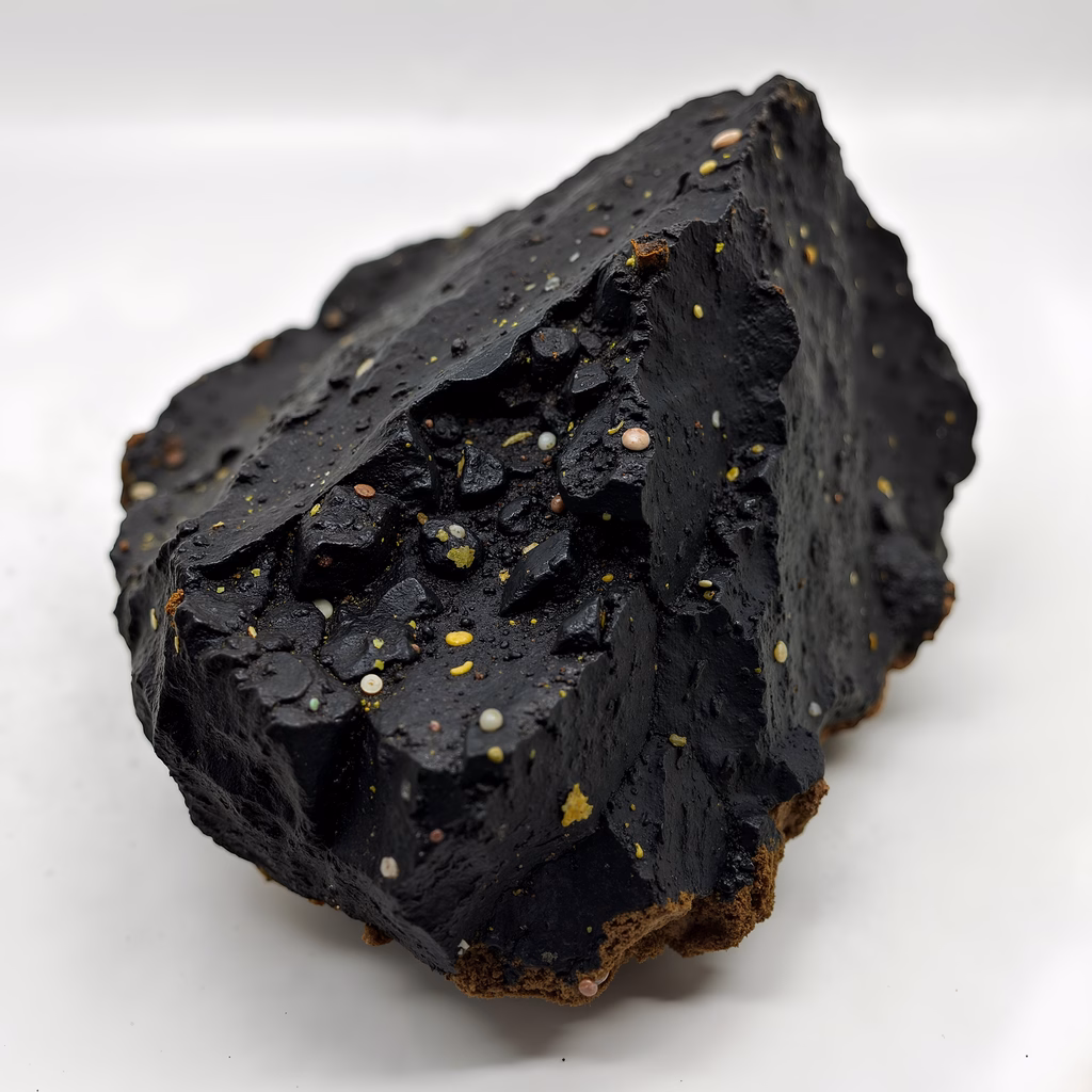 Close-up of a dark, textured pastry crust with specks of seeds and yellow bits.
