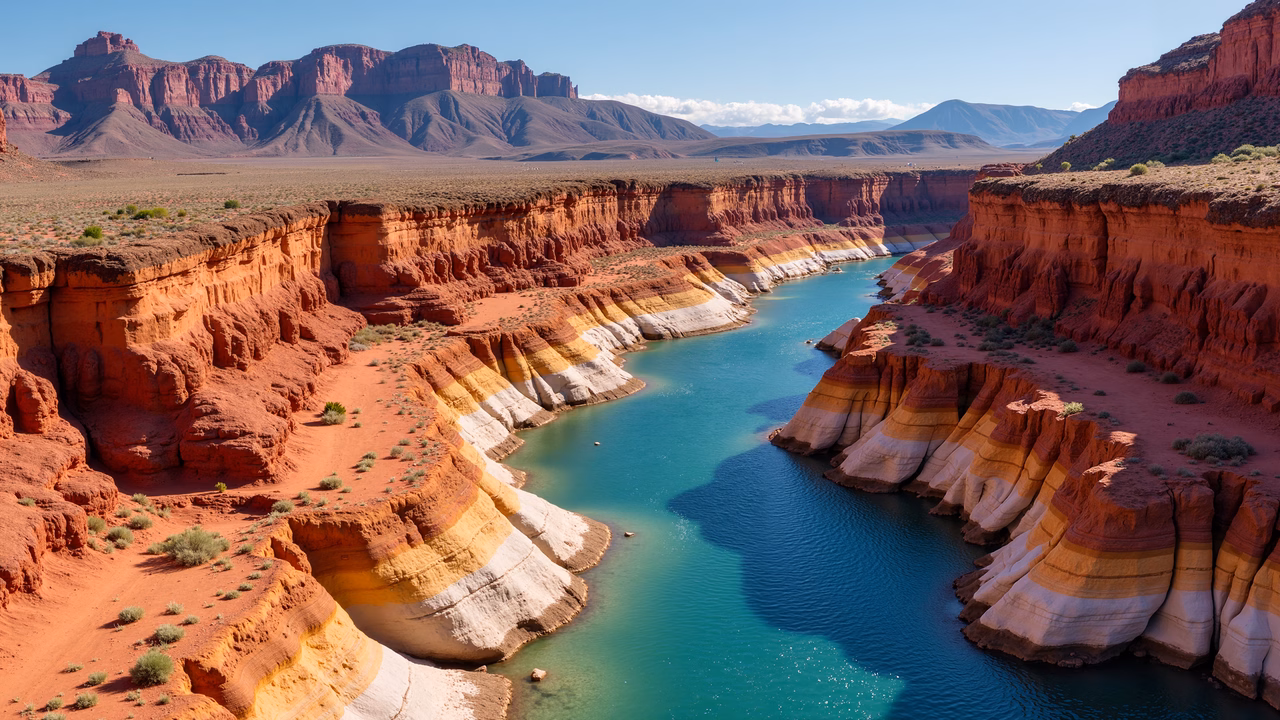 Vibrant red rock formations and turquoise river in a serene desert canyon landscape.